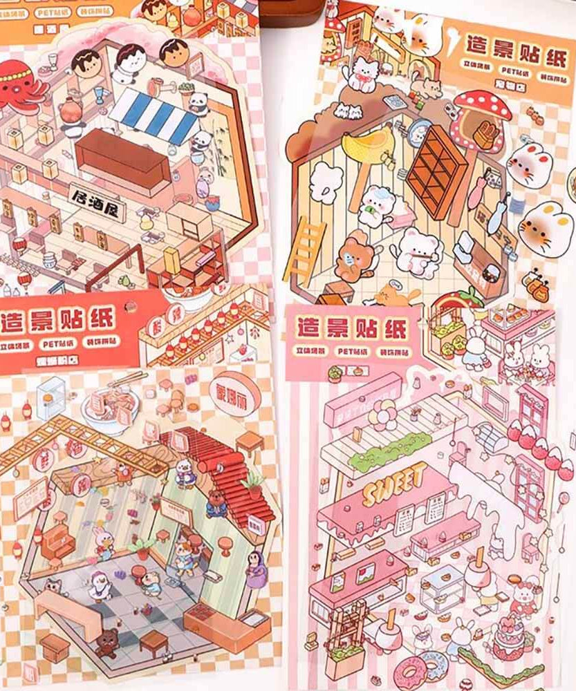 Furry Friends Tycoon DIY 3D Scene Stickers 4 Cute Miniature Scenes