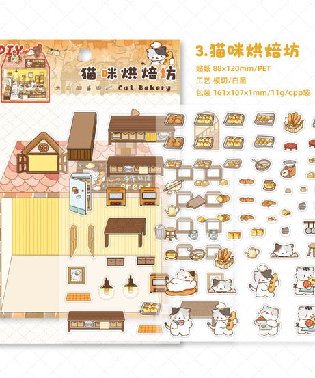 Enchanted Cat Bakery 3D Sticker Scene: Bread Houses & Dessert Book Cafes