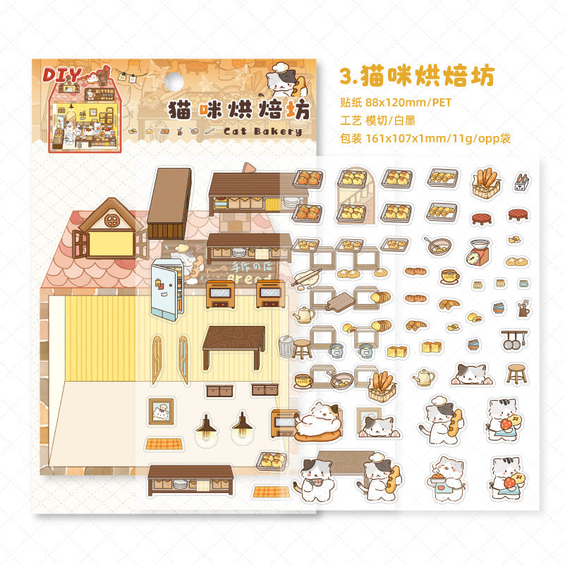 Enchanted Cat Bakery 3D Sticker Scene: Bread Houses & Dessert Book Cafes