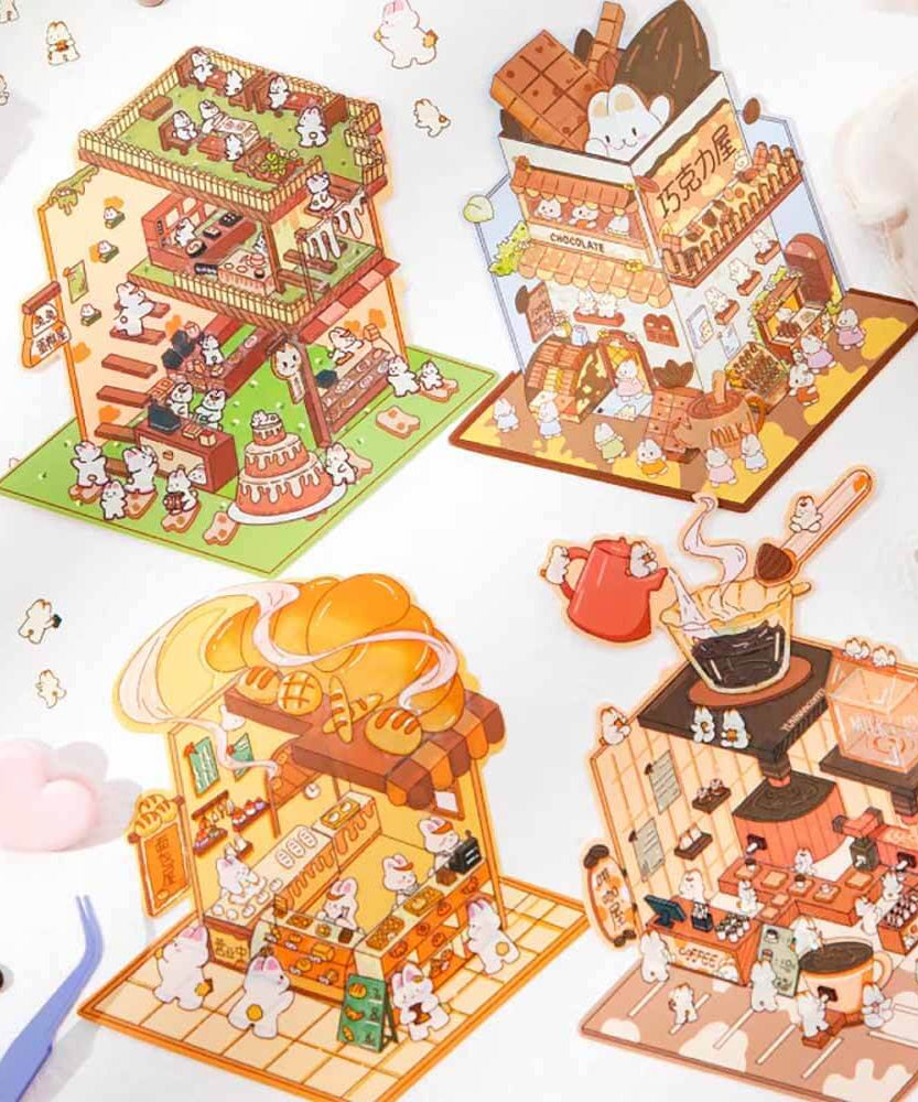 Bunny Beanie's Shop DIY 3D Scene Stickers - 4 Cute Miniature Scenes