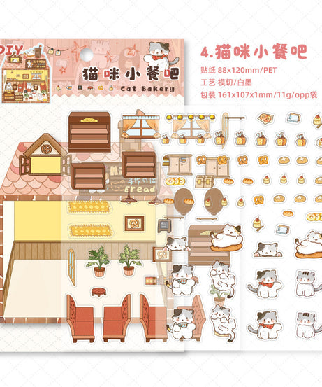 Enchanted Cat Bakery 3D Sticker Scene: Bread Houses & Dessert Book Cafes