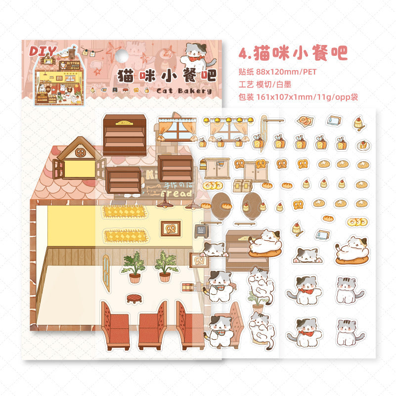 Enchanted Cat Bakery 3D Sticker Scene: Bread Houses & Dessert Book Cafes
