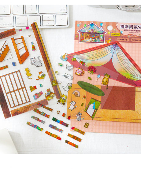 Cozy Cat Cottage 3D Sticker Scene Collection: Reading Nooks + Music Rooms