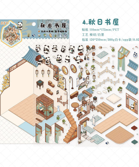 Traditional Chinese Panda 3D Sticker Scene Collection: Tea House, Night Market, Hot Spring Inn & Autumn Bookstore