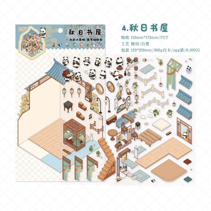 Traditional Chinese Panda 3D Sticker Scene Collection: Tea House, Night Market, Hot Spring Inn & Autumn Bookstore