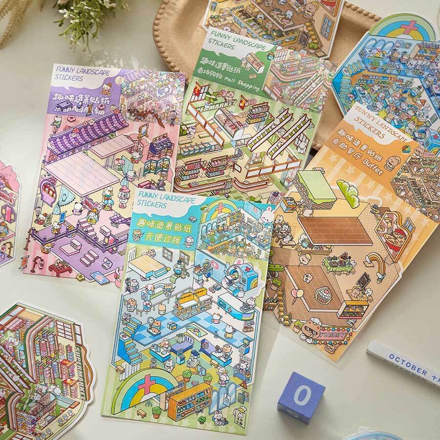 Character Towns DIY 3D Scene Stickers 4 Cute Miniature Scenes