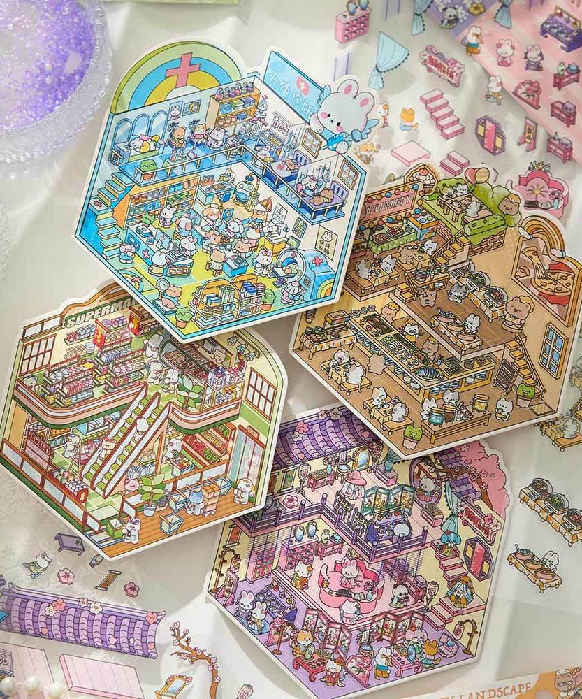 Character Towns DIY 3D Scene Stickers 4 Cute Miniature Scenes
