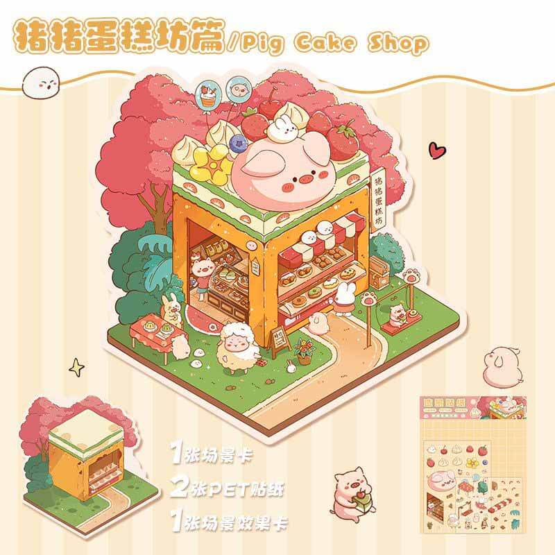 Cozy Animal Town DIY 3D Scene Stickers 4 Cute Miniature Scenes