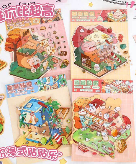 Cozy Animal Town DIY 3D Scene Stickers 4 Cute Miniature Scenes