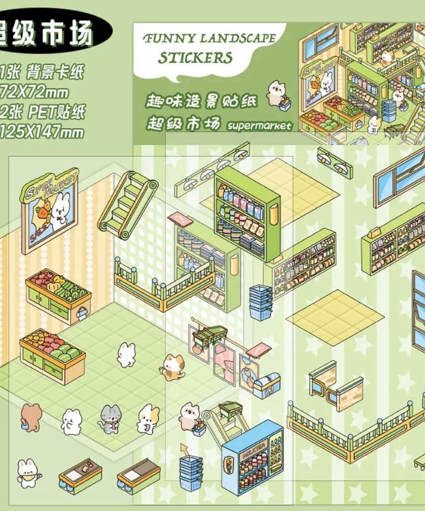 Mini World DIY 3D Scene Stickers - 4 Cute Miniature Scenes