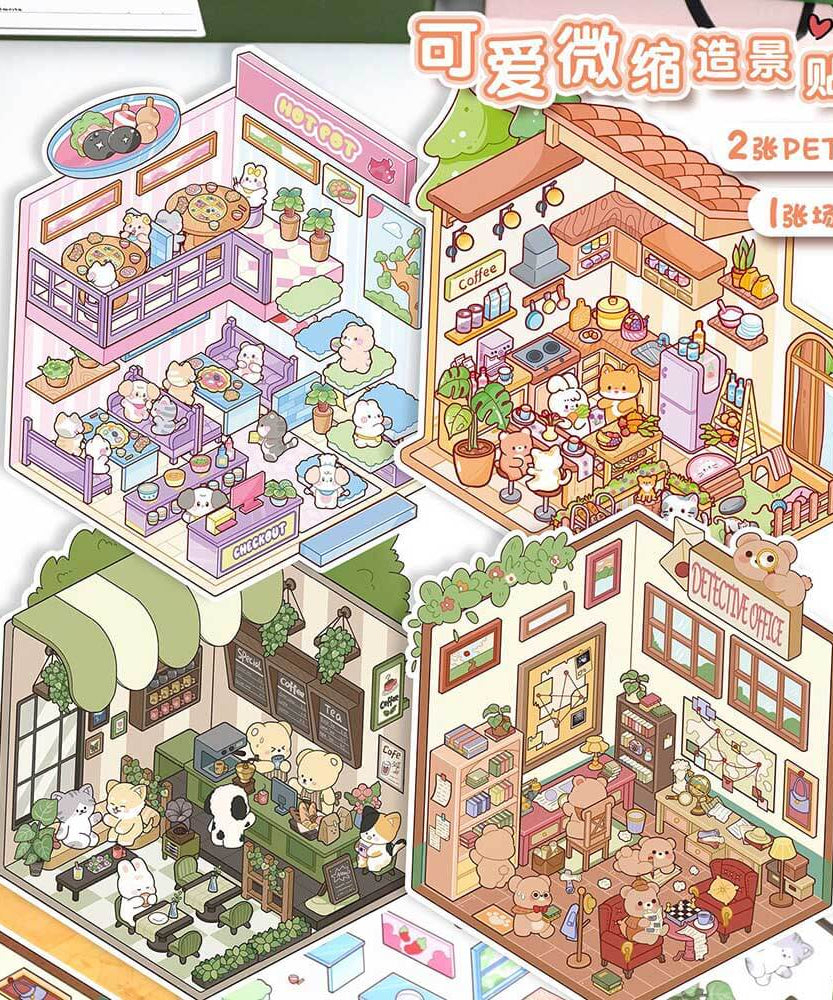 Furry Friends’ Town DIY 3D Scene Stickers 4 Cute Miniature Scenes