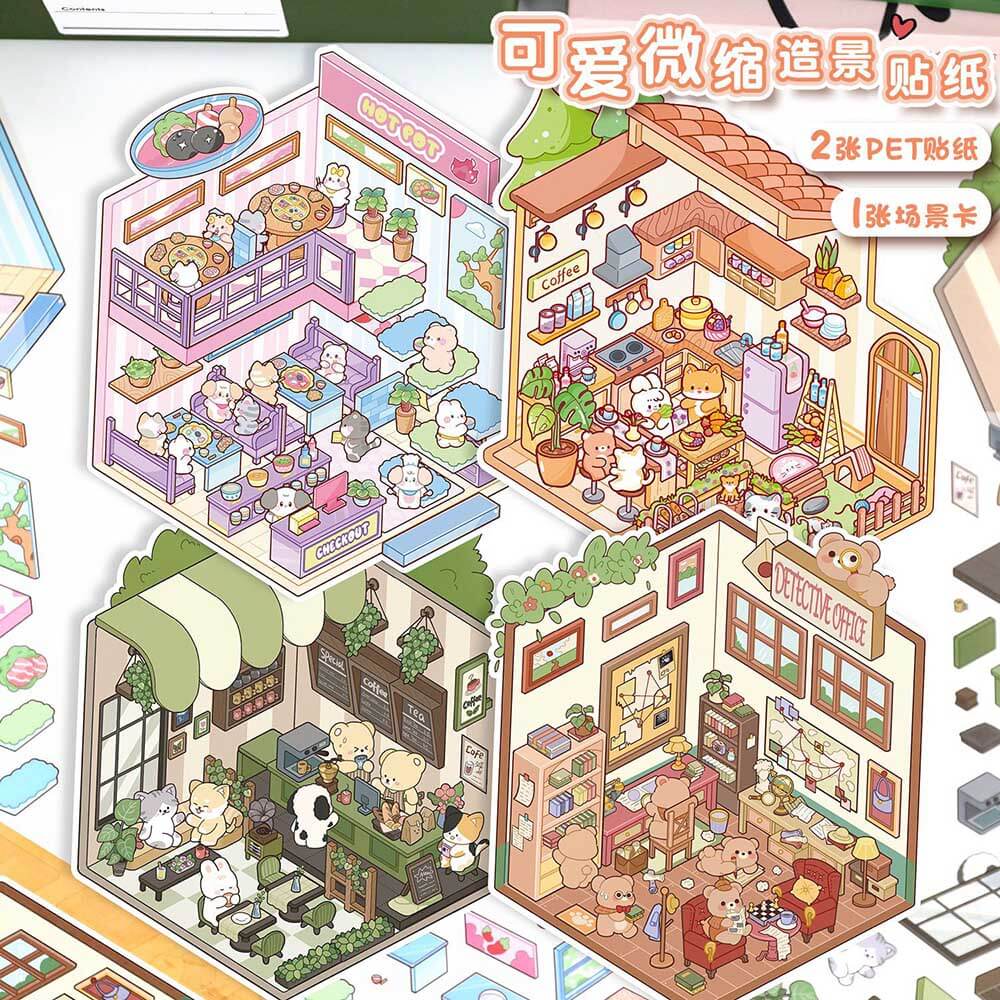 Furry Friends’ Town DIY 3D Scene Stickers 4 Cute Miniature Scenes