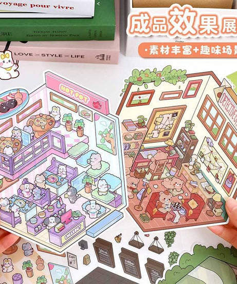 Furry Friends’ Town DIY 3D Scene Stickers 4 Cute Miniature Scenes