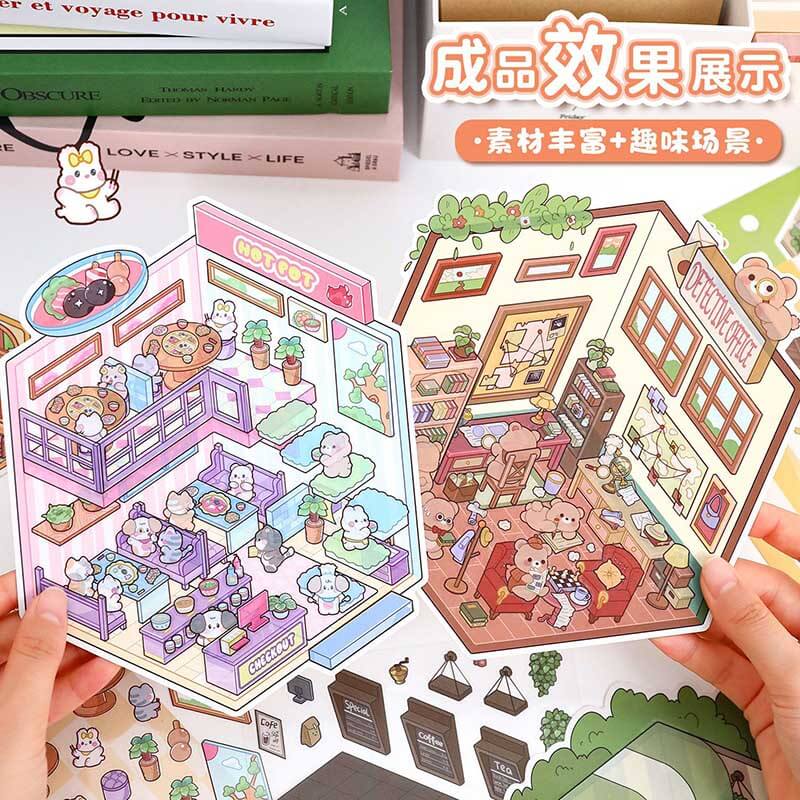 Furry Friends’ Town DIY 3D Scene Stickers 4 Cute Miniature Scenes