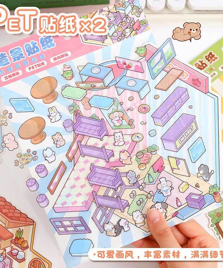 Furry Friends’ Town DIY 3D Scene Stickers 4 Cute Miniature Scenes