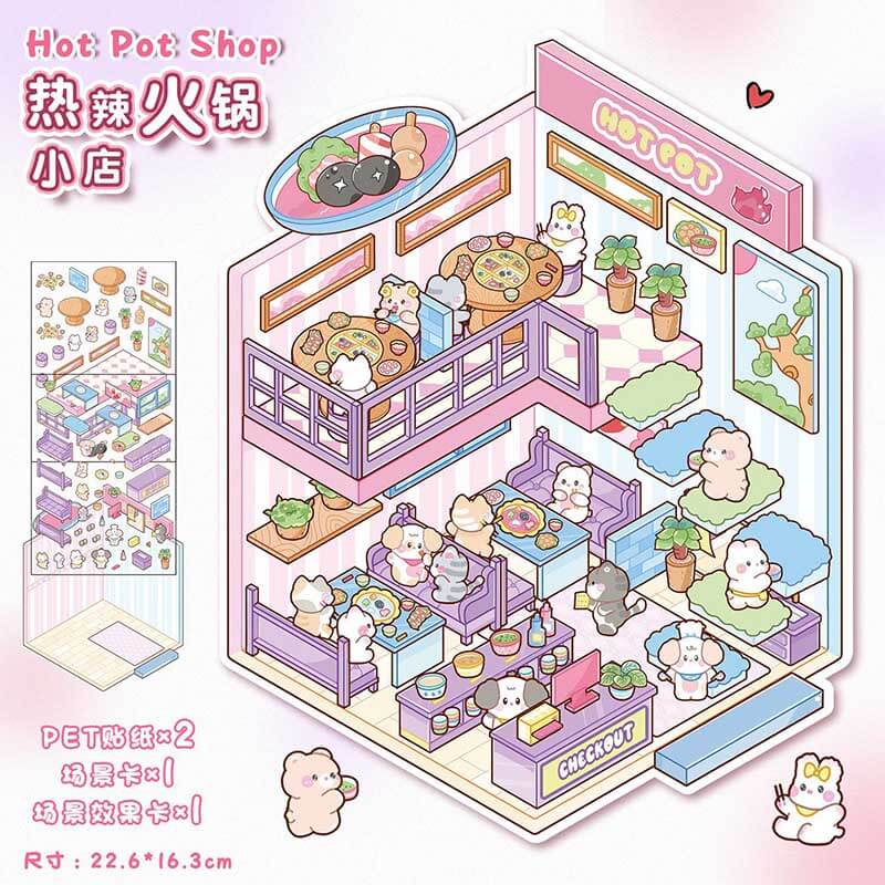 Furry Friends’ Town DIY 3D Scene Stickers 4 Cute Miniature Scenes