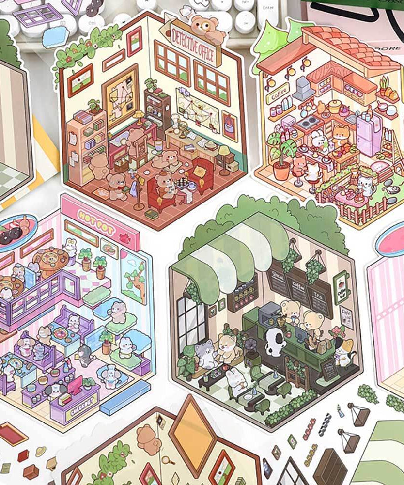 Furry Friends’ Town DIY 3D Scene Stickers 4 Cute Miniature Scenes