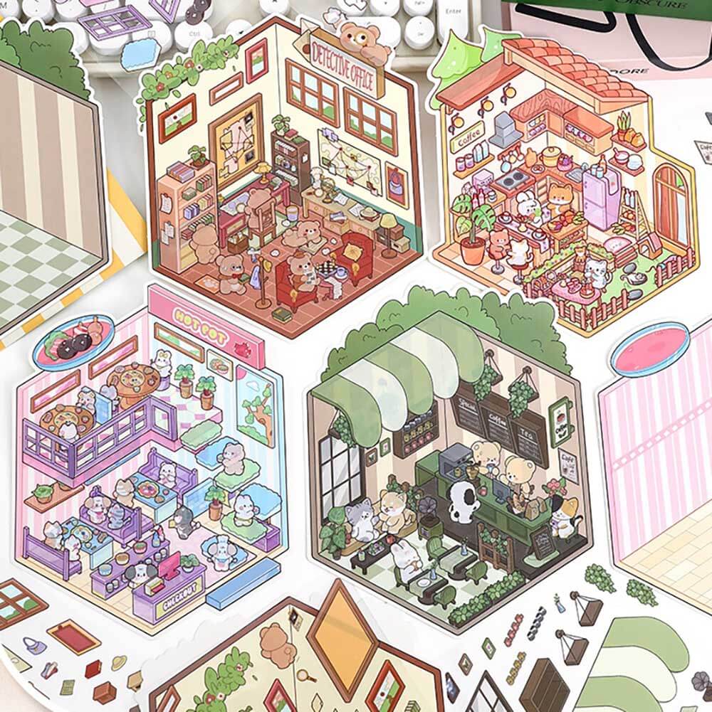 Furry Friends’ Town DIY 3D Scene Stickers 4 Cute Miniature Scenes