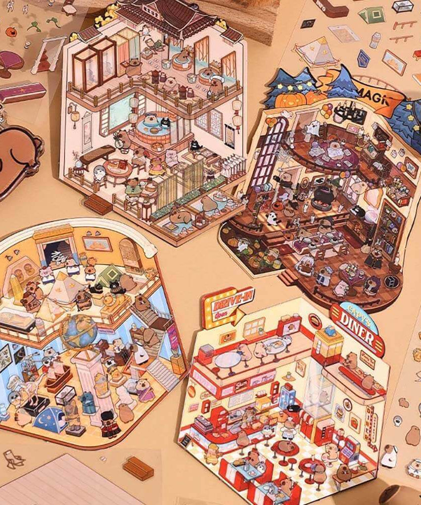 Capybara World DIY 3D Scene Stickers 4 Cute Miniature Scenes