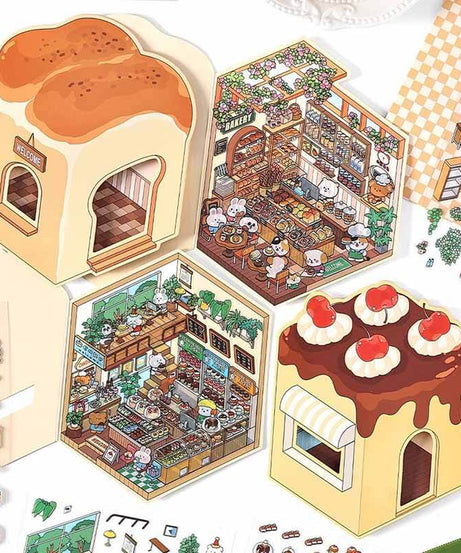 Fun Dessert House  DIY 3D Scene Stickers - 4 Cute Miniature Scenes