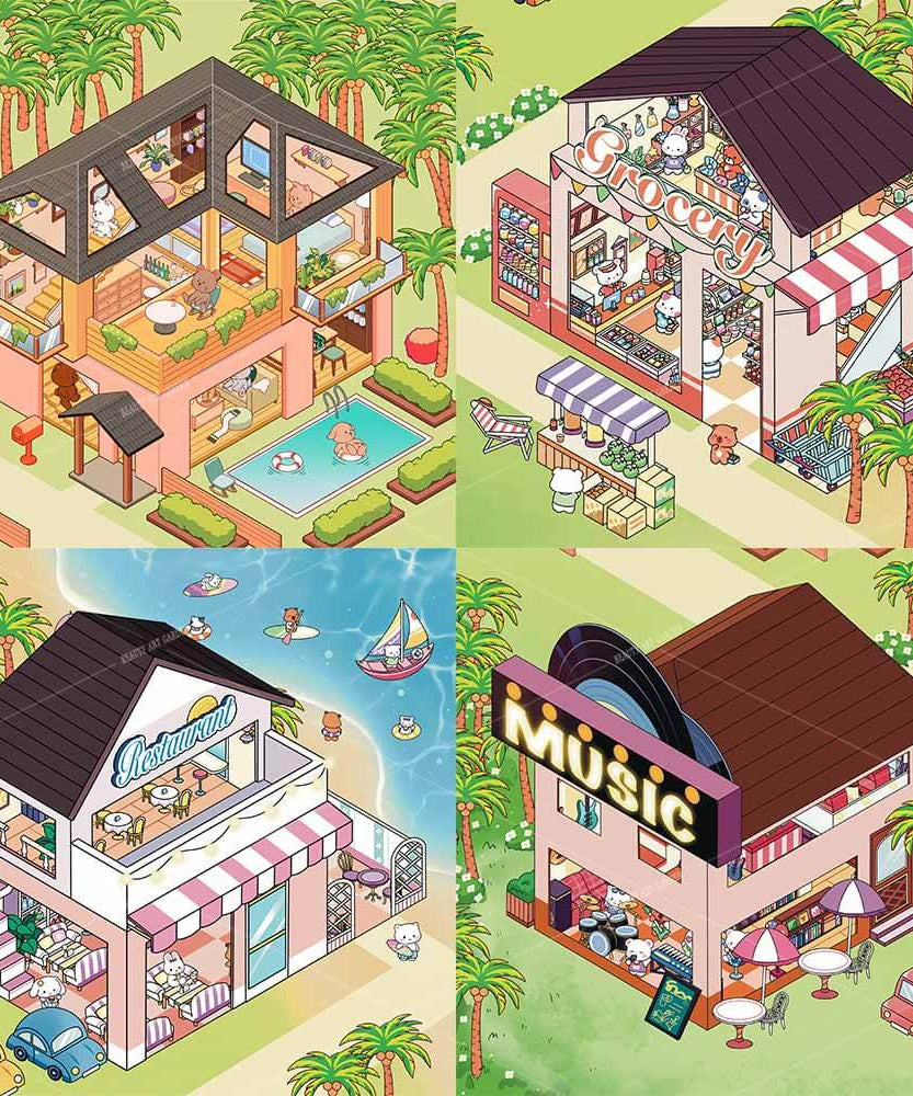 Seaside Shopping Street 3D Scene Stickers 4 Cute Miniature Scenes