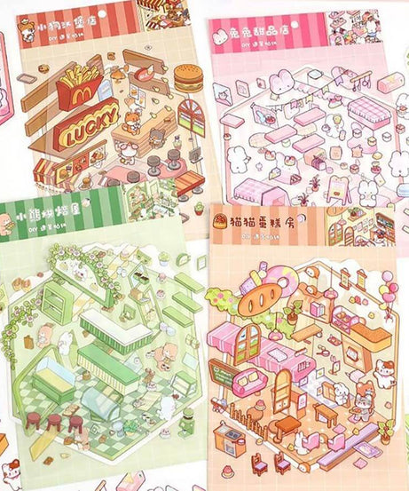 Sweet Critter Café DIY 3D Scene Stickers 4 Cute Miniature Scenes