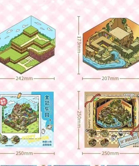 [Inside 2 sheets]Puppy Vacation & Mine Exploration DIY 3D Scene Stickers Cute Miniature Scenes