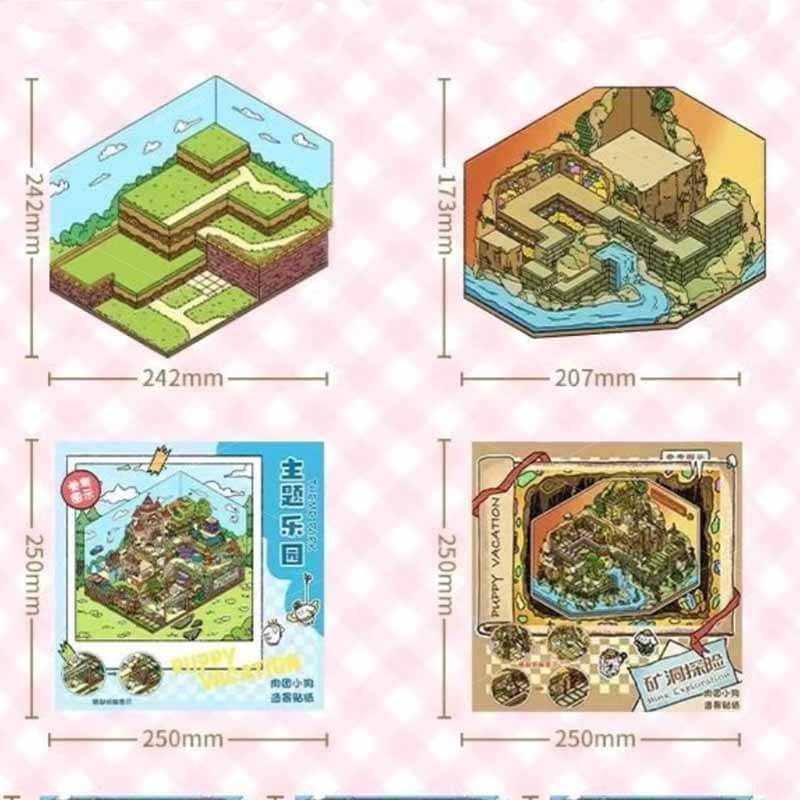 [Inside 2 sheets]Puppy Vacation & Mine Exploration DIY 3D Scene Stickers Cute Miniature Scenes