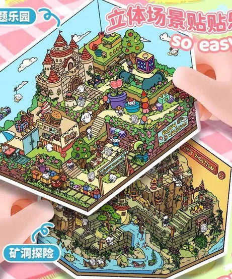 [Inside 2 sheets]Puppy Vacation & Mine Exploration DIY 3D Scene Stickers Cute Miniature Scenes