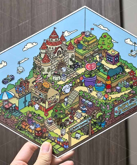 [Inside 2 sheets]Puppy Vacation & Mine Exploration DIY 3D Scene Stickers Cute Miniature Scenes