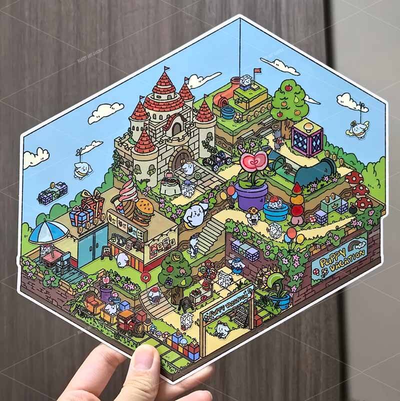 [Inside 2 sheets]Puppy Vacation & Mine Exploration DIY 3D Scene Stickers Cute Miniature Scenes