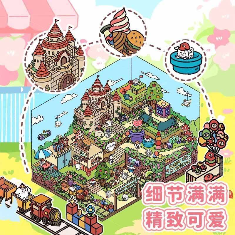 [Inside 2 sheets]Puppy Vacation & Mine Exploration DIY 3D Scene Stickers Cute Miniature Scenes