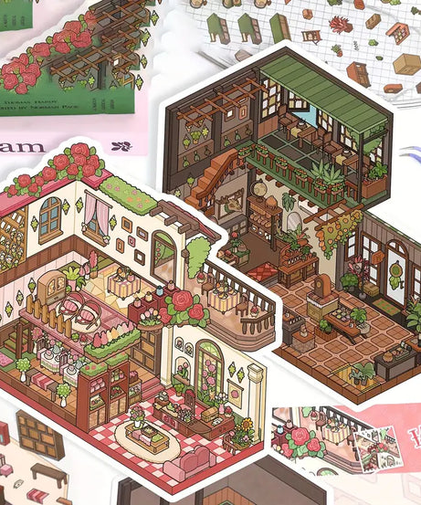 3D Scene Sticker French Japanese Cottage Plant House