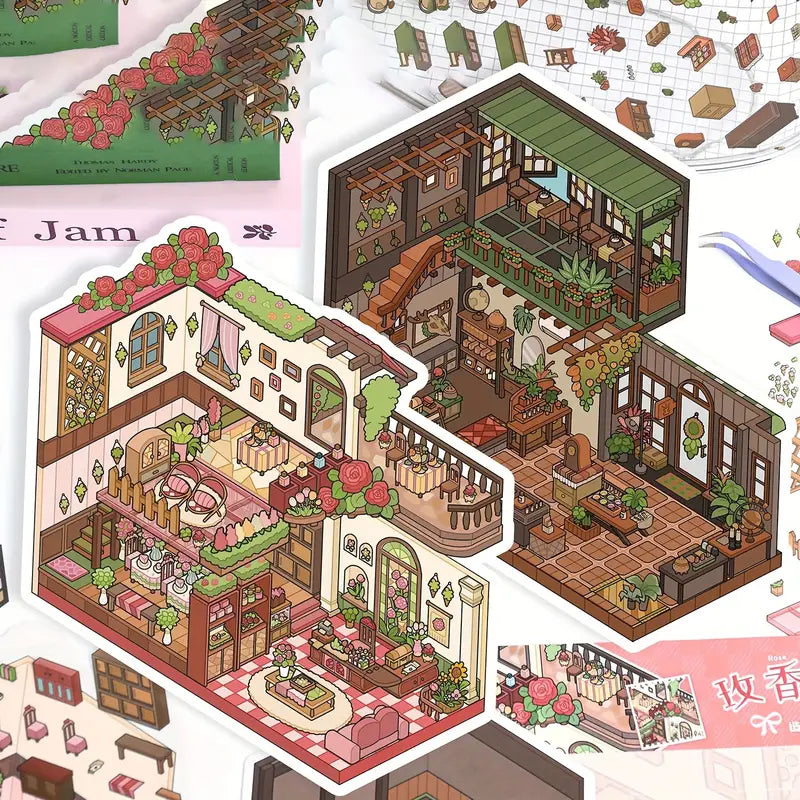 3D Scene Sticker French Japanese Cottage Plant House