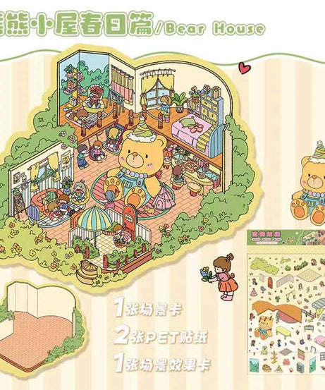 Springtime Bear Cottage DIY 3D Scene Stickers 3 Lovely Miniature Scenes