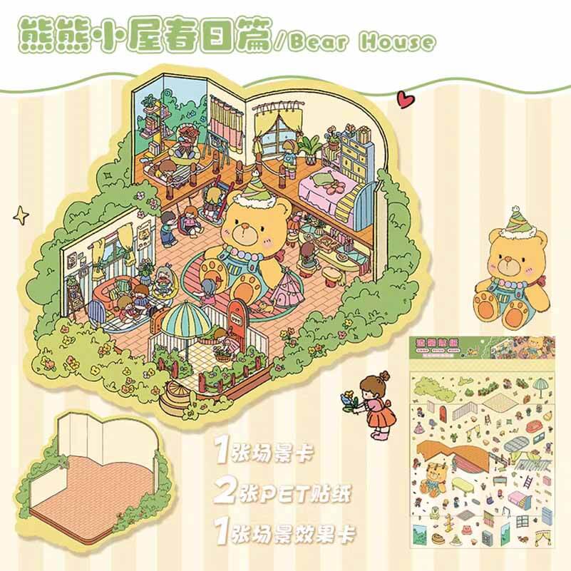Springtime Bear Cottage DIY 3D Scene Stickers 3 Lovely Miniature Scenes