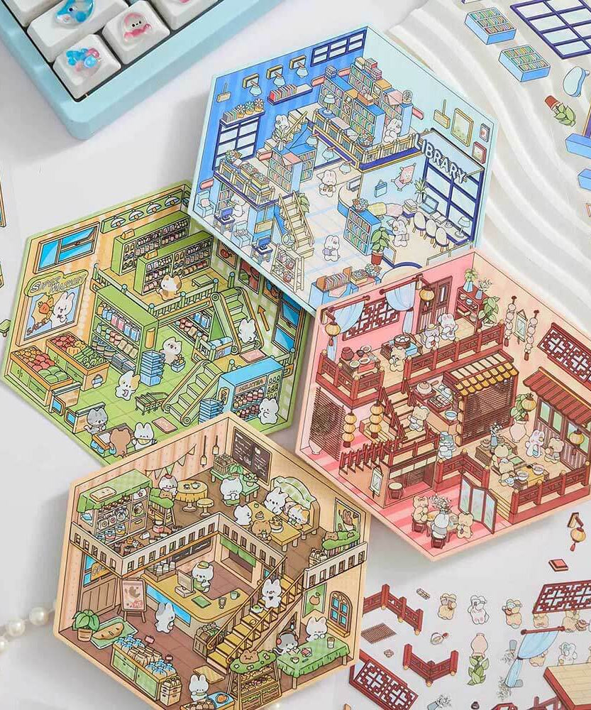 Mini World DIY 3D Scene Stickers - 4 Cute Miniature Scenes
