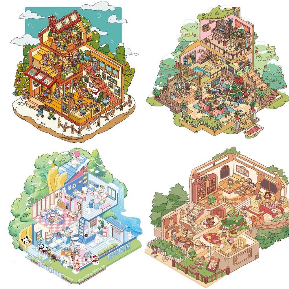 Grand Villa DIY 3D Scene Stickers - 4 Lovely Miniature Scenes