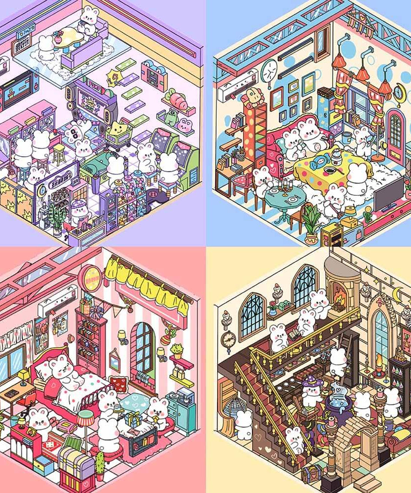 Blush Bunny Home DIY 3D Scene Stickers 4 Cute Miniature Scenes