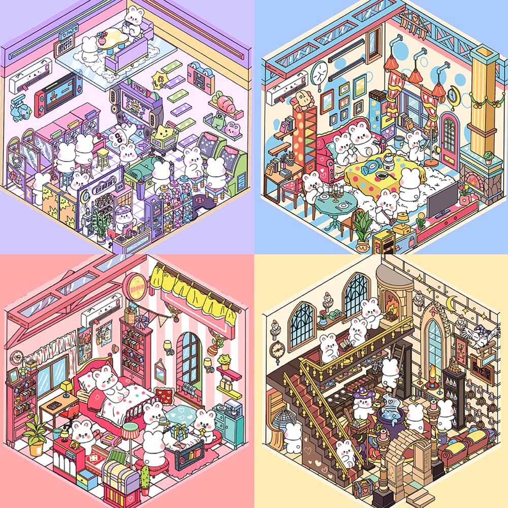 Blush Bunny Home DIY 3D Scene Stickers 4 Cute Miniature Scenes